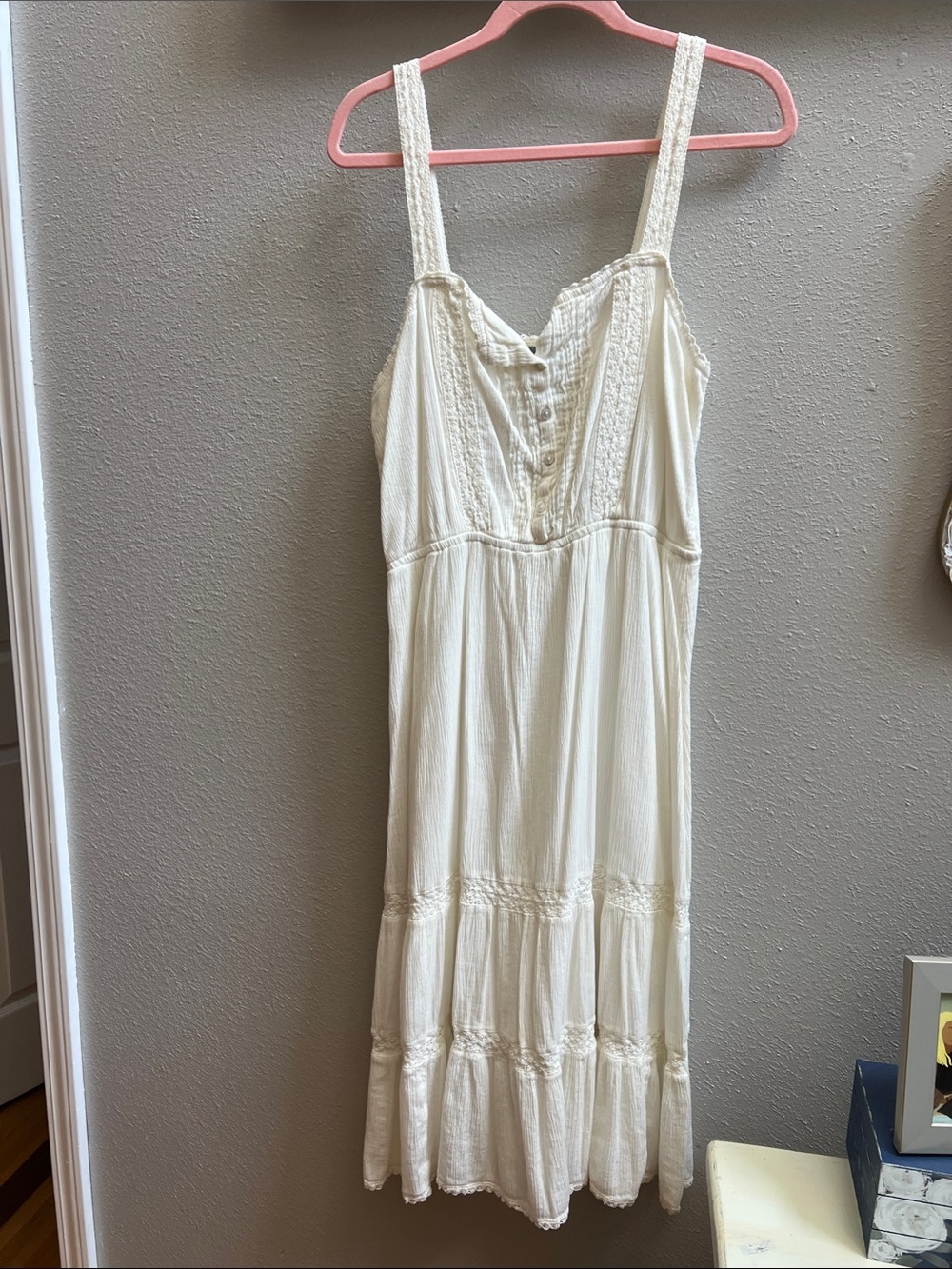 aerie White Lace-Trim Tiered Midi Dress